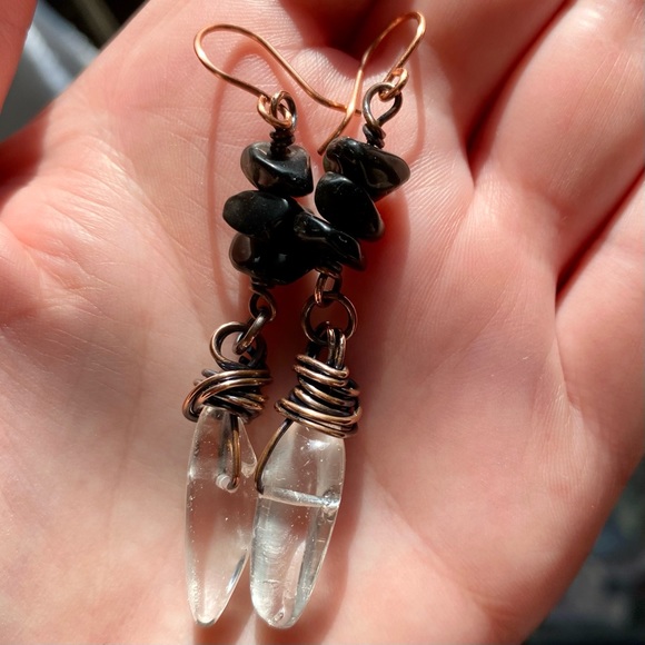 Handcrafted Black Obsidian + Clear Quartz Solid Copper Dangle Earrings - Picture 3 of 7